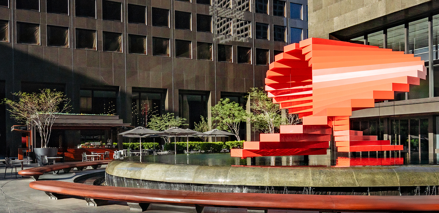 Photo of a red stacked sculpture in Los Angeles, California